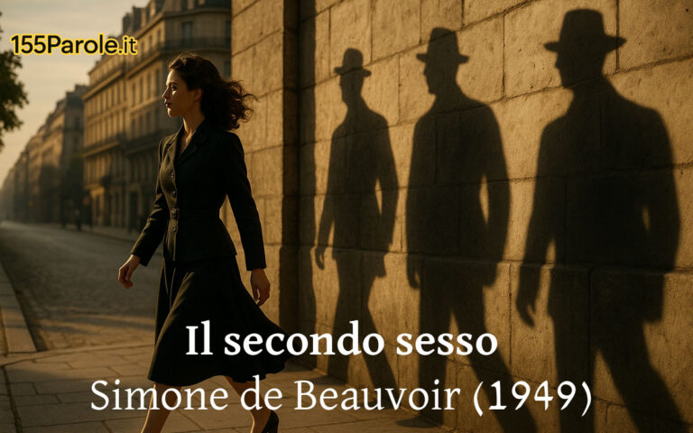Donna anni ’40 che cammina sola a Parigi con le ombre maschili sul muro – Il secondo sesso di Simone de Beauvoir (1949)