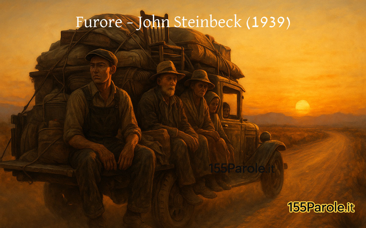 Famiglia Joad in viaggio su camion al tramonto – illustrazione ispirata al romanzo Furore di John Steinbeck
